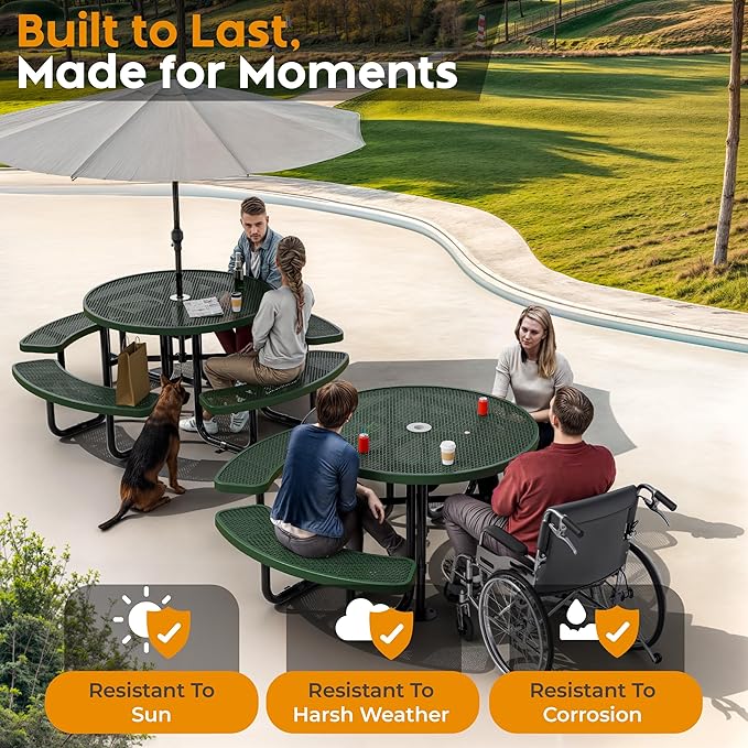 Metal Picnic Tables for Outdoors with Umbrella Hole - Coated Steel Heavy Duty Commercial Grade Table with Adjustable Seats (Green, 46 in, Round, Expanded Steel)