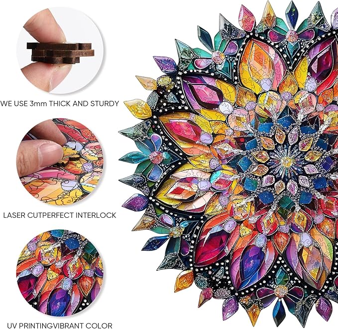 Jiroinlly Puzzles for Adults Diamond Mandala Wooden Puzzles, 200 Pieces Unique Shaped Liberty Jigsaw Puzzles, Creative Toys for Adults and Kids, Fun Challenge Family Game 11.1'' x 11.2''