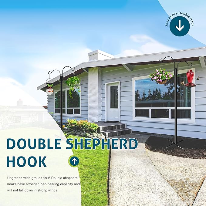 Ottsuls Double Shepherds Hooks for Outdoor, 76 Inch Bird Feeder Pole with 5 Prong Base, Upgrade 1 INCH Thick Heavy Duty Planter Hook for Hanging Baskets, Lantern,1 Pack
