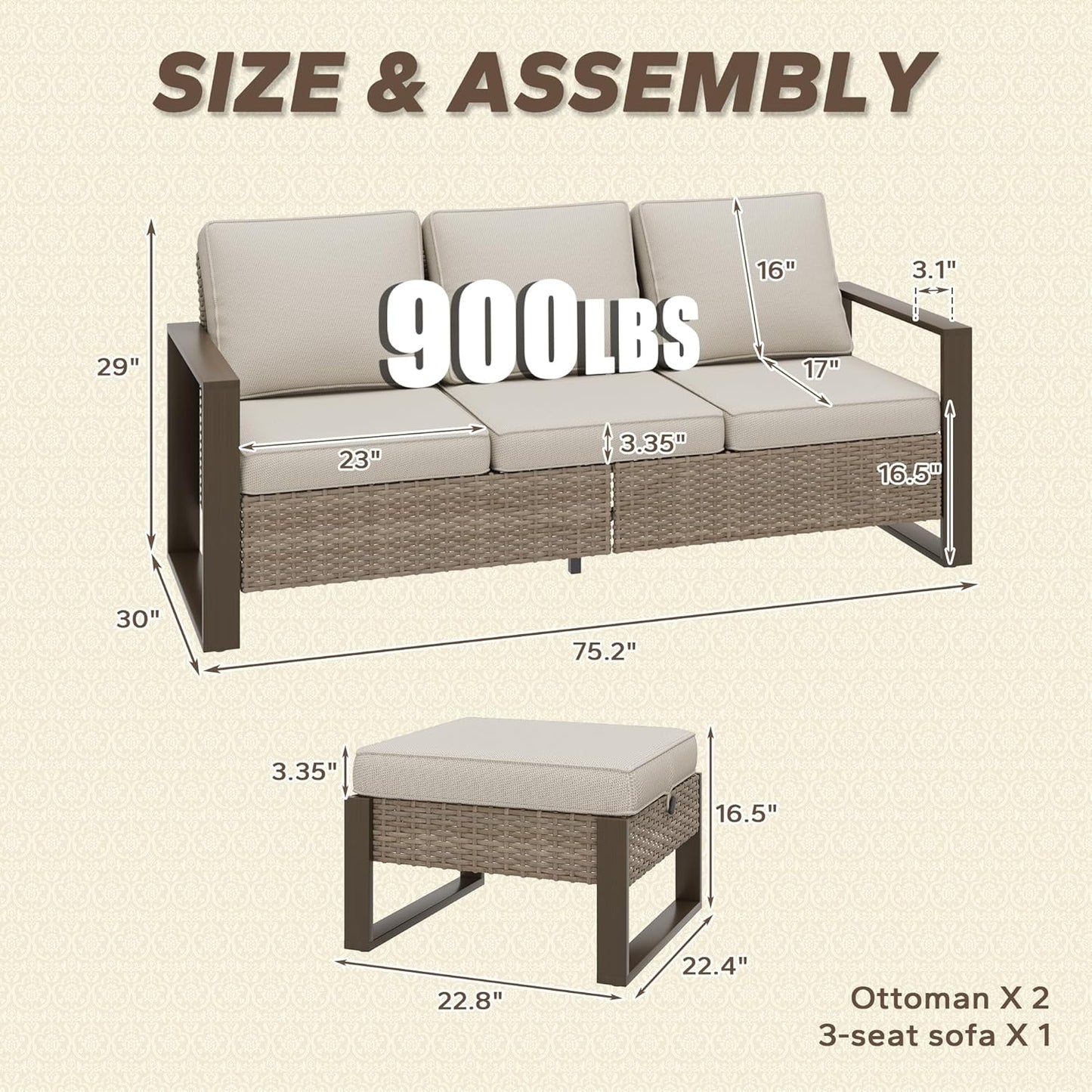 Wicker Patio 75" Sofa Set with Two Ottomans, All Weather Rattan Outdoor Conversation Furniture Set with Wood-Looking Metal Armrest for Deck Backyard Porch, Beige