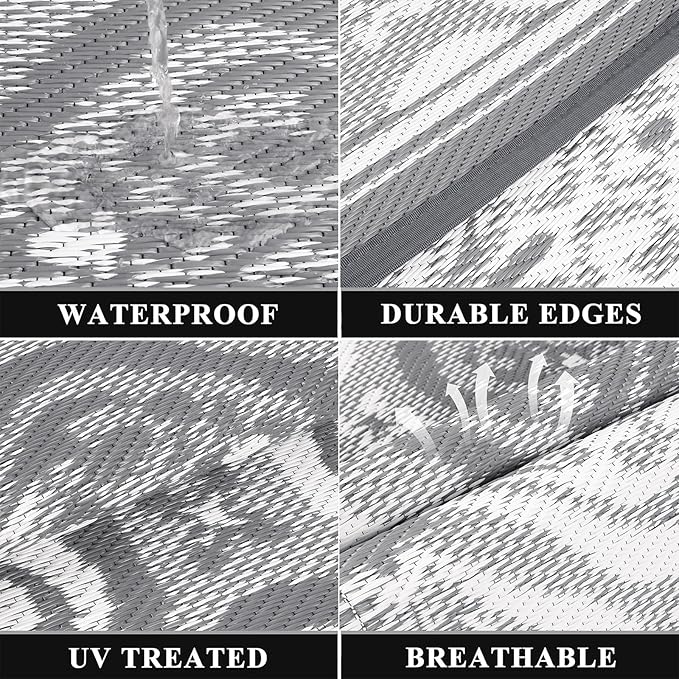 Pauwer Waterproof Outdoor Rug 9x12, Reversible Plastic Straw Patio Camping Rug, Indoor Outdoor RV Mat Carpet for Deck, Camper, Porch, Balcony, Backyard, Picnic, Clover Grey