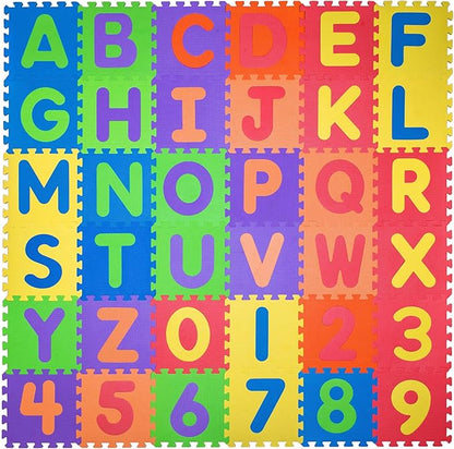 Non Toxic Alphabet Play Mat for Kids Toddlers - Thickest Interlocking Foam Puzzles ABC & Numbers 0 to 9 Flooring Mat for Play & Exercise 36 Tiles 12x12in (10mm) - Floor Coverage 36 Sq F