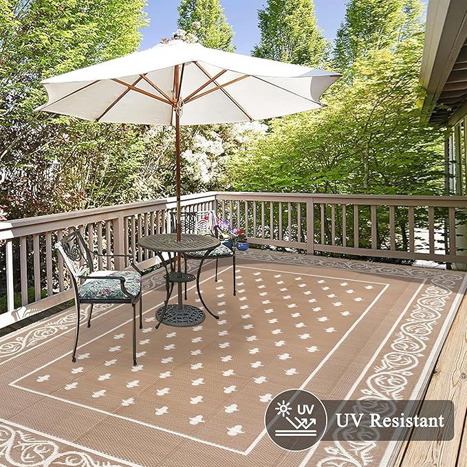 Pauwer Waterproof Outdoor Rug 8x10, Reversible Plastic Straw Patio Camping Rug, Indoor Outdoor RV Mat Carpet for Deck, Camper, Porch, Balcony, Backyard, Picnic, Bordered Beige