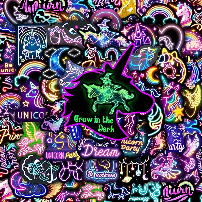 51 Pcs Neon Unicorns Stickers for Kids Glow in The Dark, Rainbows Sticker for Water Bottle, Vinyl Waterproof Laptop Decals for Teens Girls Boys, Students Adults Sticker Pack