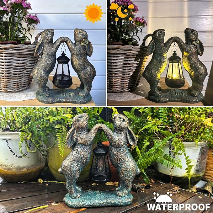 Garden Statues Rabbit with Solar Lantern, Outdoor Bunny Figurines Decorations for Patio Yard Lawn Ornaments, Gifts for Mom/Grandma Birthday Easter Housewarming