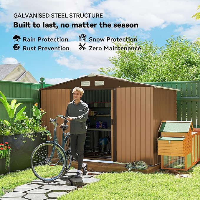 Outsunny 9' x 6' Outdoor Storage Shed, Garden Tool Metal Shed with Foundation Kit, Double Lockable Door, Air Vents and Sloping Roof, for Backyard, Patio, Lawn, Yellow