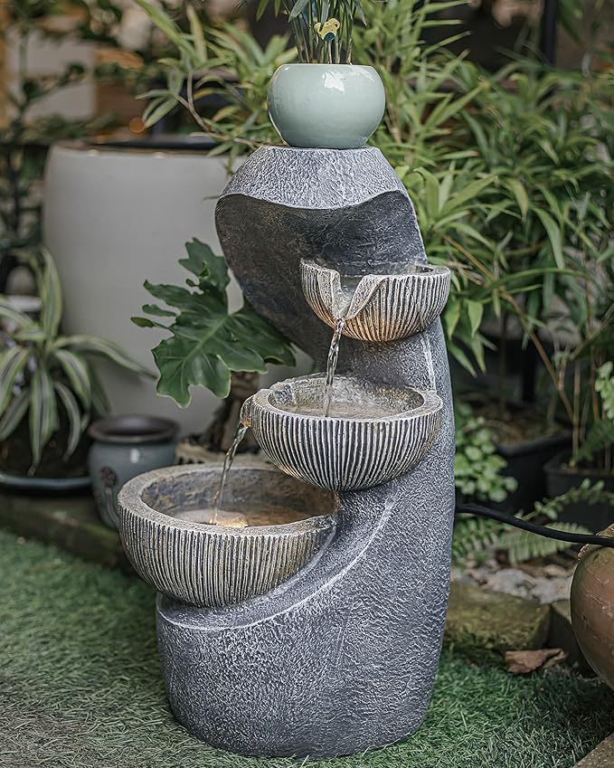 20" H Outdoor Water Fountain, Modern Outdoor Garden Fountains with LED Lighted for Garden, Patio, Deck, Backyard and Home Art Decor