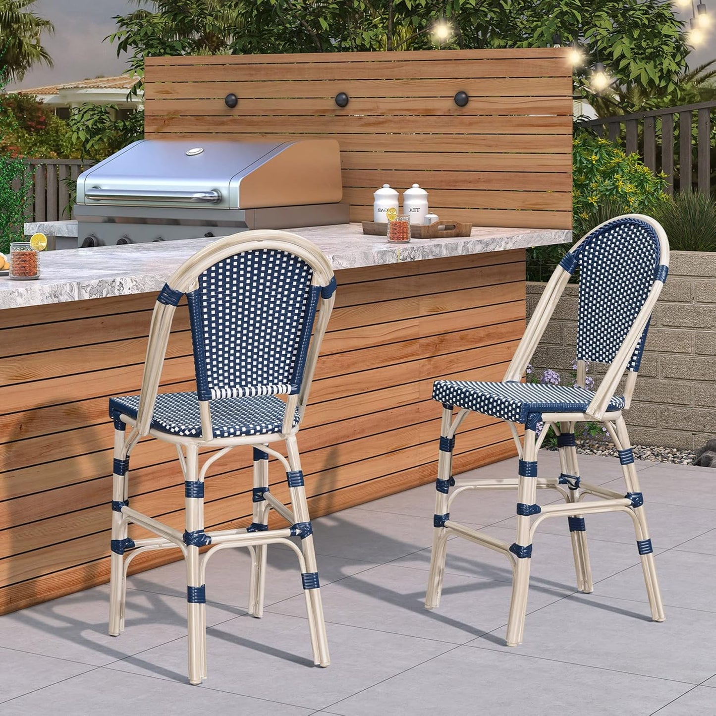 PURPLE LEAF French Bar Stool Set of 2 White Print Finish Patio Bar Stools with Back Rattan Chairs Wicker Bar Height Stool 30" with Footrest Kitchen Island Stools Outdoor Barstool Royal Blue