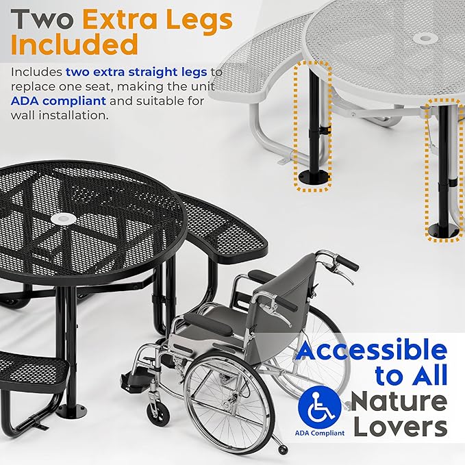 Metal Picnic Tables for Outdoors with Umbrella Hole - Coated Steel Heavy Duty Commercial Grade Table with Adjustable Seats (Black, 46 in, Round, Expanded Steel)