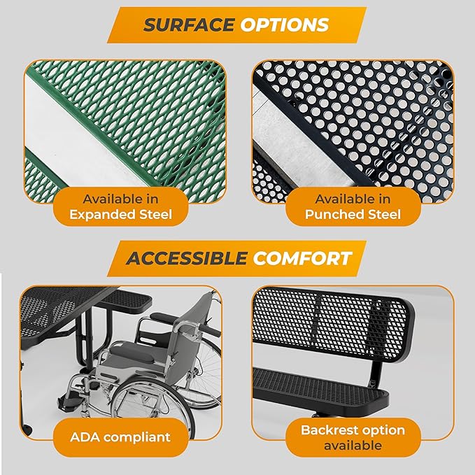 Metal Picnic Tables for Outdoors with Umbrella Hole - Coated Steel Heavy Duty Commercial Grade Table with Adjustable Seats (Red, 46 in, Square, Punched Steel)