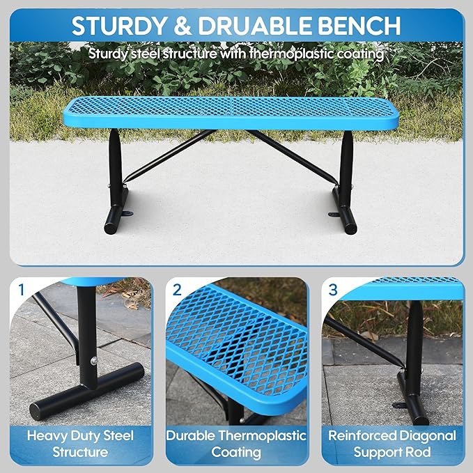 4 Feet Heavy Duty Metal Park Bench for Outside, Outdoor Bench with Portable Frame, Commercial Benches for Shopping Mall, Store, Park, Patio, Deck, Blue