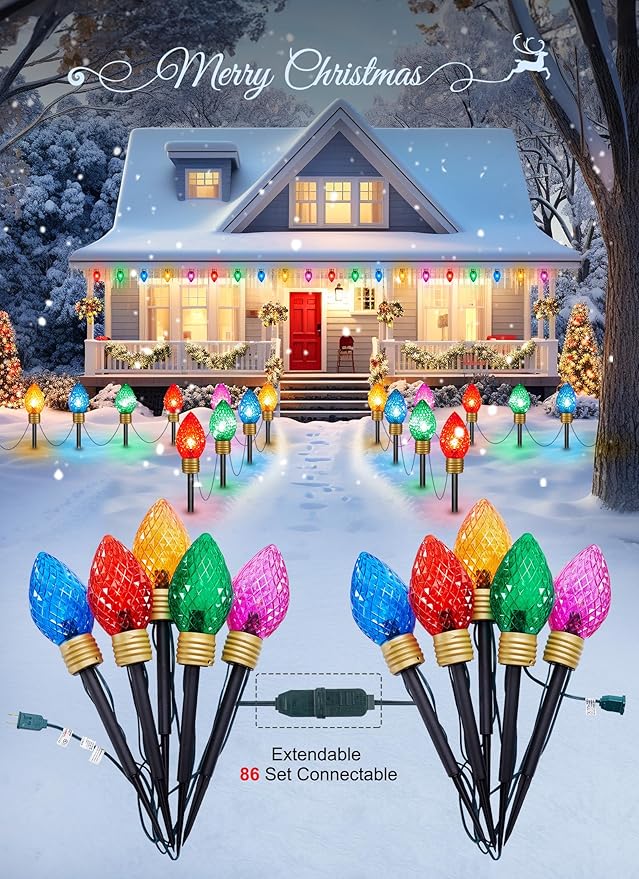 Minetom Jumbo C9 Christmas Pathway Lights Outdoor - 10.5 Feet 5 Strawberry C9 Walkway Lights, C7 Covered Multicolor Light Bulb Decorations for Lawn Garden Outside