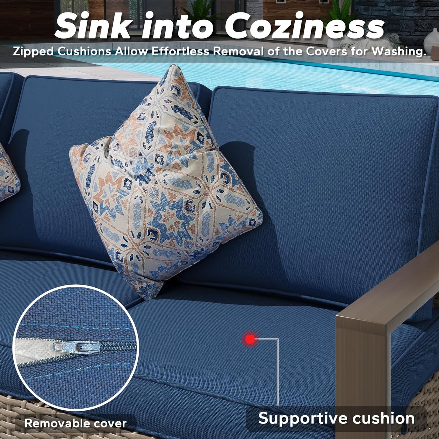 5 Pieces Metal Wicker Patio Furniture Set with 75" Sofa, Two Swivel Chairs and Two Ottomans, All Weather Rattan Outdoor Conversation Furniture with Washable Cushions for Porch, Dark Blue