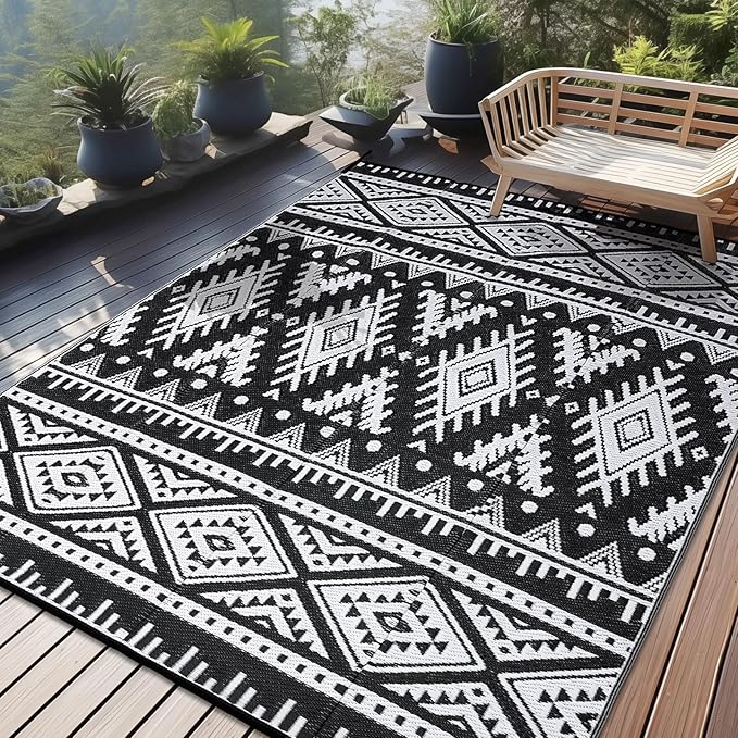 OLANLY Outdoor Rug Waterproof 9x12 ft, Reversible Outdoor Plastic Straw Rug, Boho Patio Rug, Indoor Outdoor Carpet, RV Mat Outside for Patio, Camp, Picnic, Balcony, Deck, Backyard, Black & White