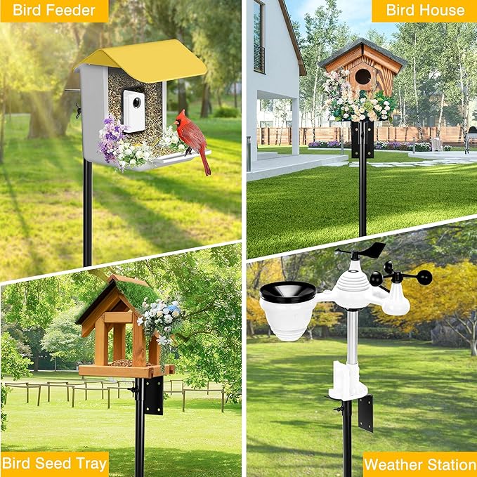 Bird House Pole, 95 Inch Heavy Duty Bird Feeder Pole Mount Kit for Outdoors, Adjustable Feeding Stand, with 2-Hooks, Metal Squirrel Baffle and 5-Prong Base, for Birds Watching