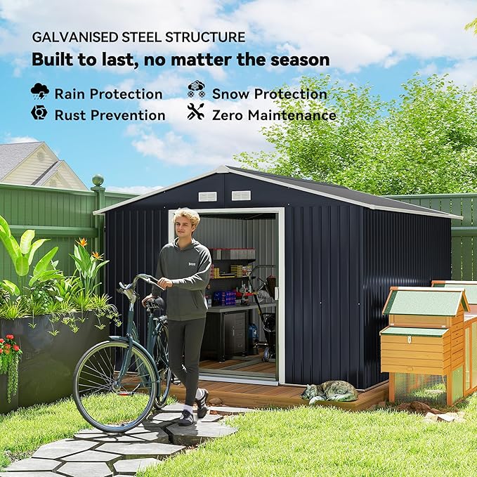 Outsunny 11' x 9' Outdoor Storage Shed, Garden Tool Metal Shed with Foundation Kit, Double Lockable Door, Air Vents and Sloping Roof, for Backyard, Patio, Lawn, Dark Gray