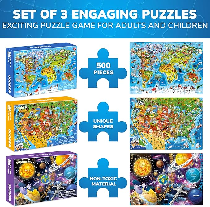 QUOKKA Puzzles for Adults 500 Pieces - 3 Set Floor Puzzles for Adults - Learning Map of The United States World Space - Educational Games - Toys for 15 Year Old Boys and Girls