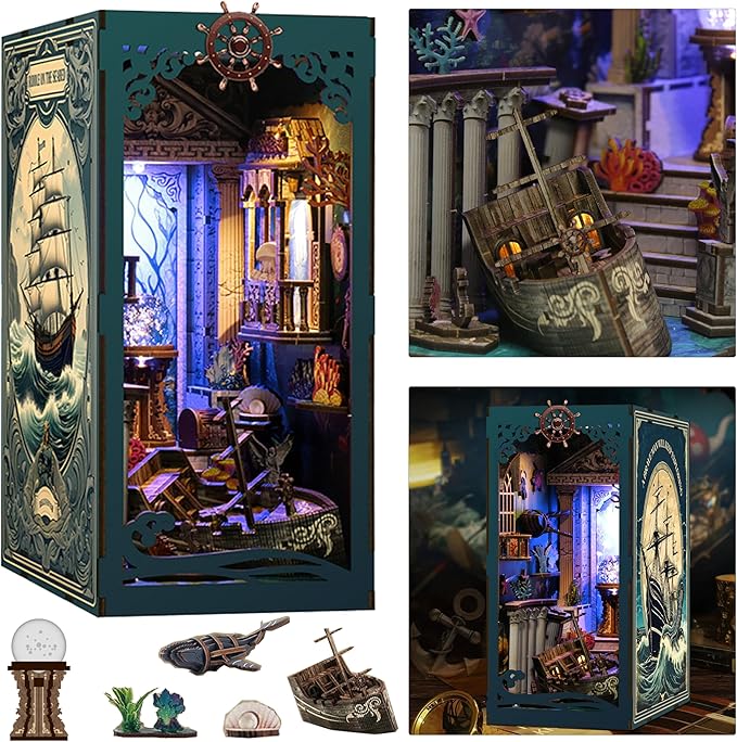 ISSEVE Book Nook Kit, DIY 3D Wooden Puzzle Dollhouse Booknook for Adults, Tiny Miniature House Kit Bookshelf Decor with LED Light and Dust Cover, Gifts for Family and Friends (Sea Maze)