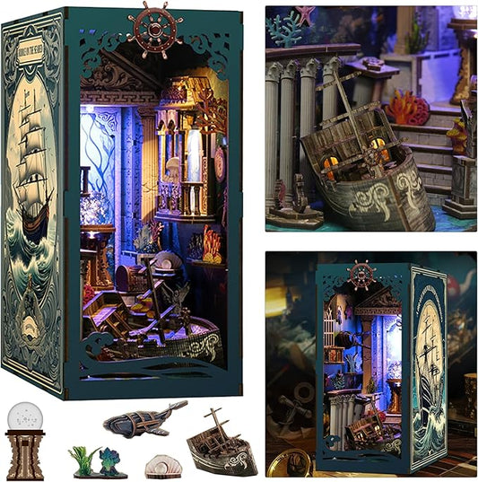 ISSEVE Book Nook Kit, DIY 3D Wooden Puzzle Dollhouse Booknook for Adults, Tiny Miniature House Kit Bookshelf Decor with LED Light and Dust Cover, Gifts for Family and Friends (Sea Maze)