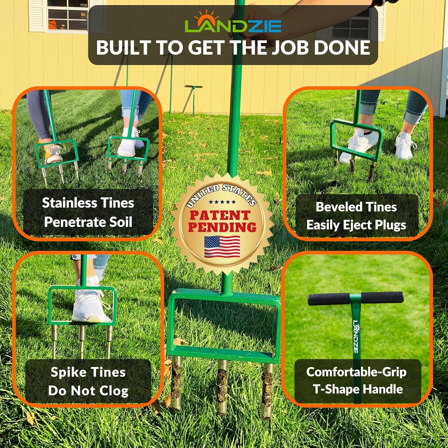 Landzie Hollow and Spike Tine Lawn Aerator Set - Includes 1 Aerator + Set of 3 Hollow Tines and 3 Spike Tines - 42 Inch Manual Stainless Steel Gardening Hand Tool - Grass Aerator Lawn Tool…