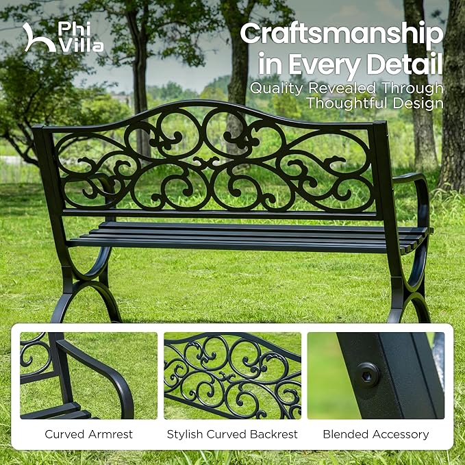 PHI VILLA 50-Inch Cast Iron Steel Frame Garden Bench Outdoor Patio Bench Chair w/Floral Design Backrest, Slatted Seat for Park, Yard & Porch, Black