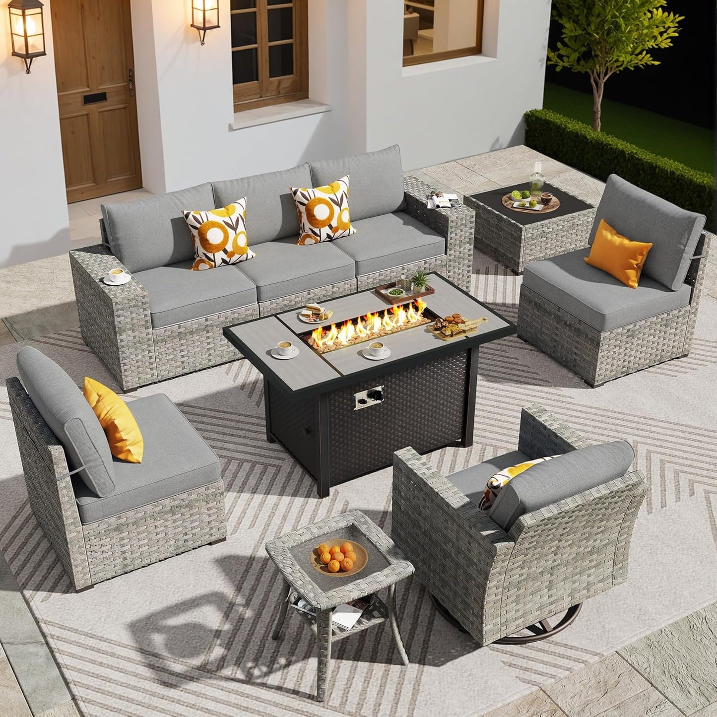 ovios 9 Pieces Patio Furniture Set, Outdoor Wicker Sectional Sofa with 42" Firepit Table Swivel Chair, Modern Modular Deep Seat Rattan Couch Conversation Sets, Dark Grey