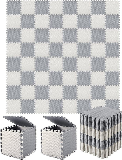 Shihanee Foam Floor Baby Tiles Foam Floor Mats Play Mats Bulk with Borders Interlocking for Kids Baby Playroom Nursery Gym (Gray, White,64ft)