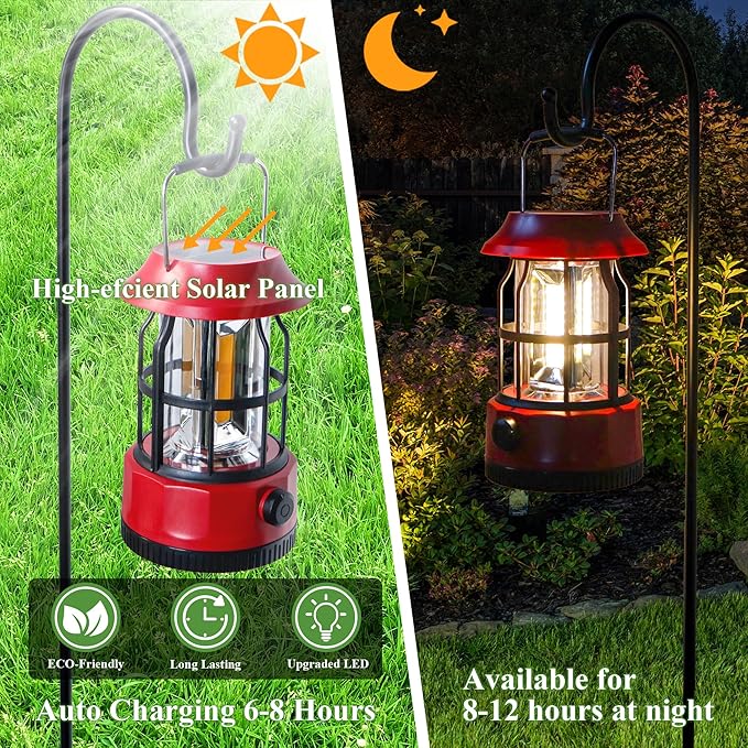 TRIROCKS Set of 2 LED Solar Camping Lantern Dimmable Rechargeable Lantern IPX3 Water-Resistant Portable Emergency Lights Outdoor Camping Lights for Camping Home Power Outage Hurricane Hiking (Red)