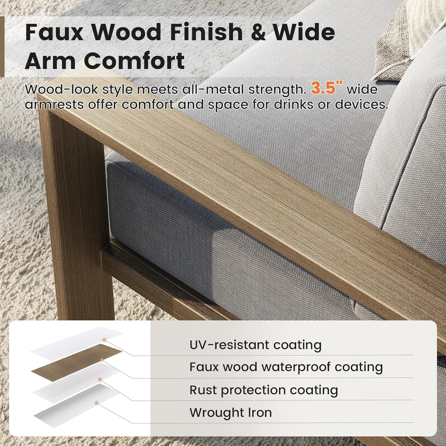 UDPATIO 6 Piece Patio Furniture Set, Faux Wood Metal Outdoor Sectional Sofa with 6" Thick Olefin Cushions, Wide Armrest & Coffee Table, L Shaped Outdoor Furniture for Garden, Backyard Dark Grey