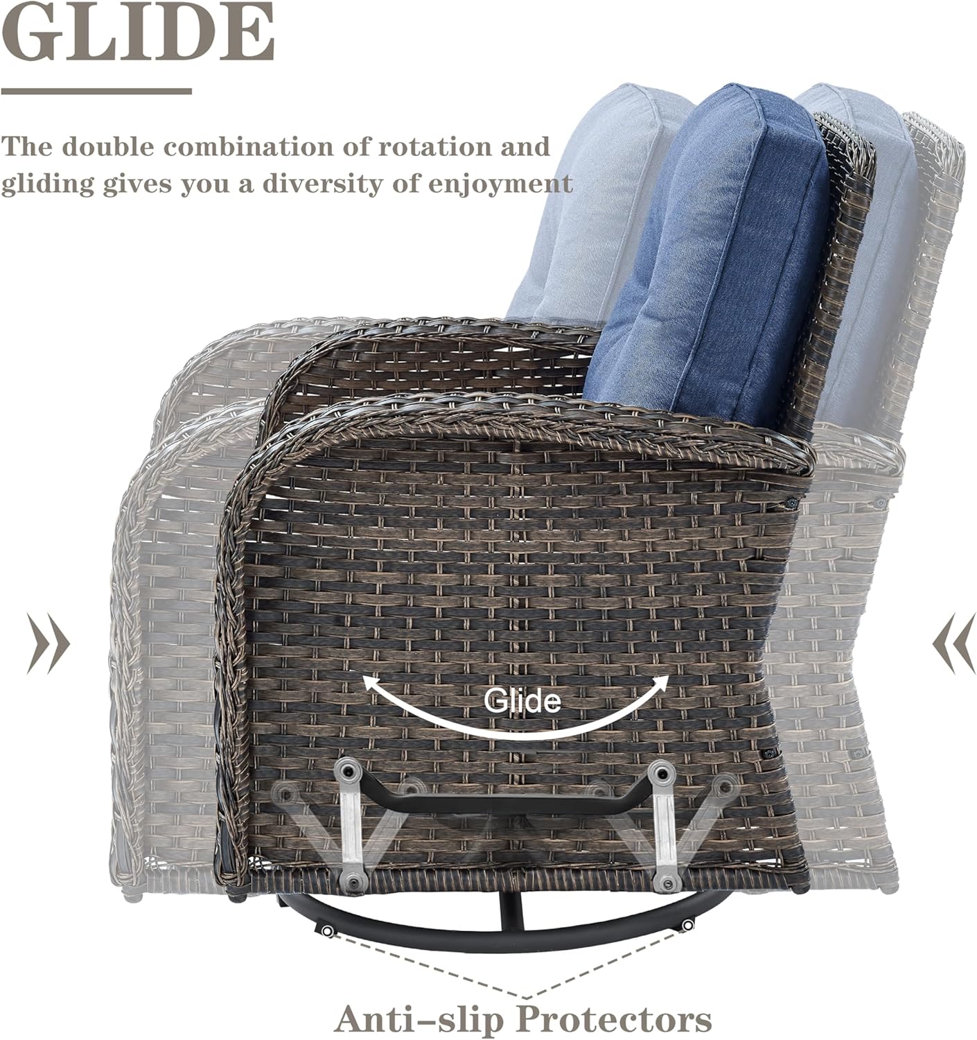 Small Conversation Sets Patio Funiture - 5 Piece Outdoor Swivel Rocker Wicker Furniture Sets with Ottomans Side Table Perfect for Patio Deck Backyard, Brown Wicker Blue Cushion