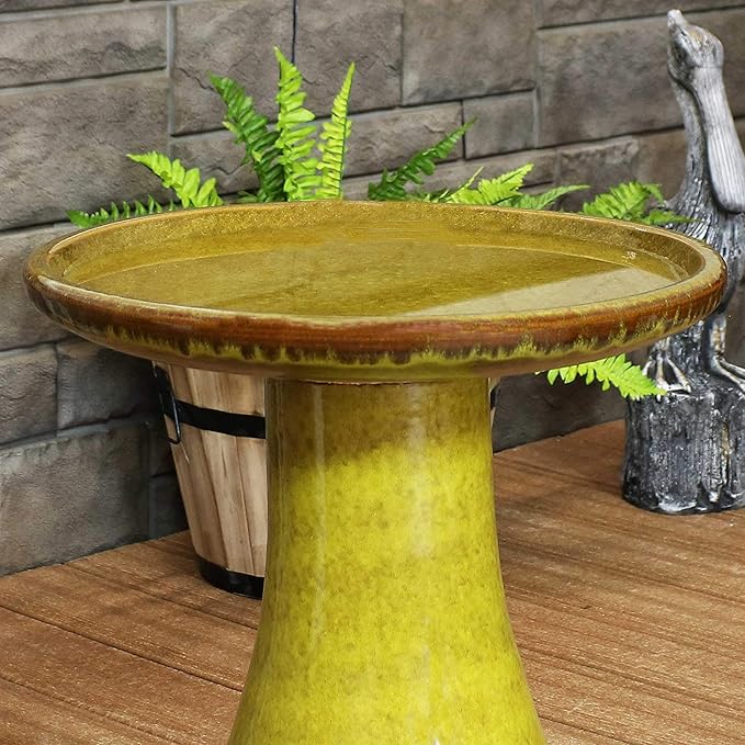Sunnydaze 21" H Ceramic Bird Bath for Outside - Hand-Painted Outdoor Bird Bath Bowl, UV/Frost-Resistant Finish - Cognac Yellow - Ribbed Pedestal