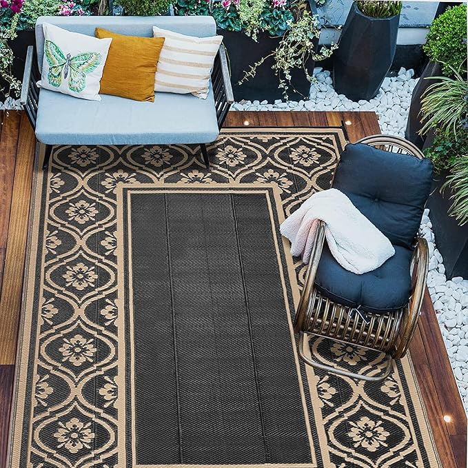 Outdoor Rug 9x12 Patio Waterproof Mat Camping Carpet Outside Area Rug Reversible Brown Rugs for RV Deck Entryance Porch Picnic Balcony Beach
