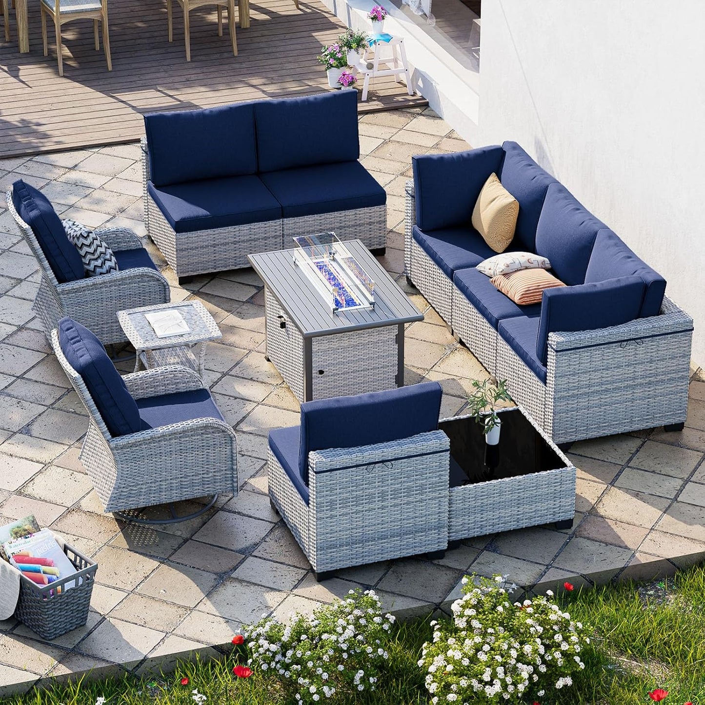 11-Piece Patio Furniture Set, Outdoor Patio Furniture with Fire Pit Table, Swivel Chairs Set, Thick Cushions, Modular Patio Sofa, Dual-Strand Wicker Rattan, Rust-Resistant Frame, Navy Blue
