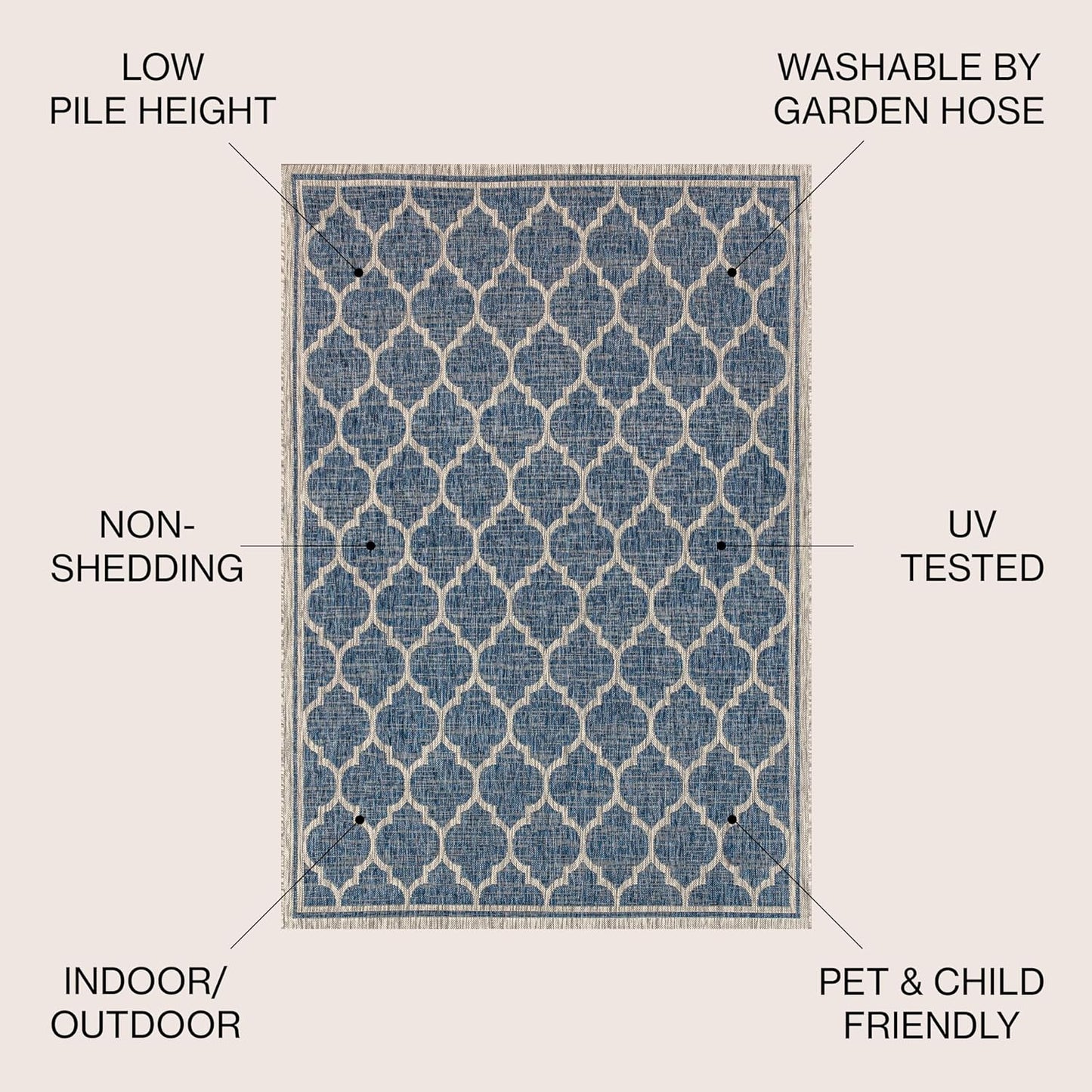 Eyely BMS109D-6SQ Santa Monica Trebol Moroccan Trellis Textured Weave, Pet Friendly, Non-Shedding, Stain Resistant, Easy-Cleaning, Navy/Gray, 6' Square, Indoor/Outdoor, Area Rug