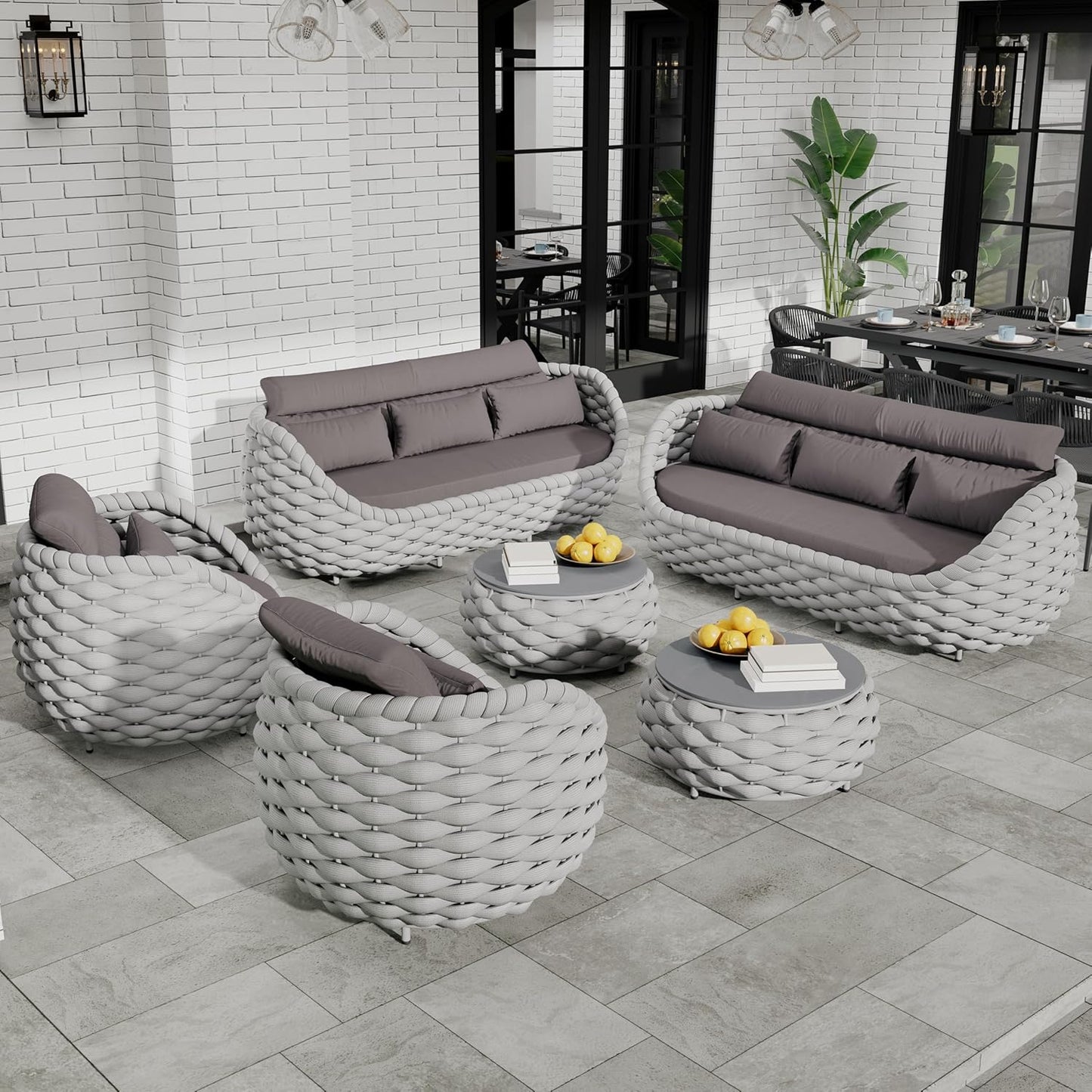 Lanai Outdoor Furniture Set: 6-Piece Aluminum Woven Rope Patio Conversation Sofa Set w/Table - Modern Cushions Couch Set - No Assembly Metal Porch Seating for Deck Yard Garden Pool Hotel Resort
