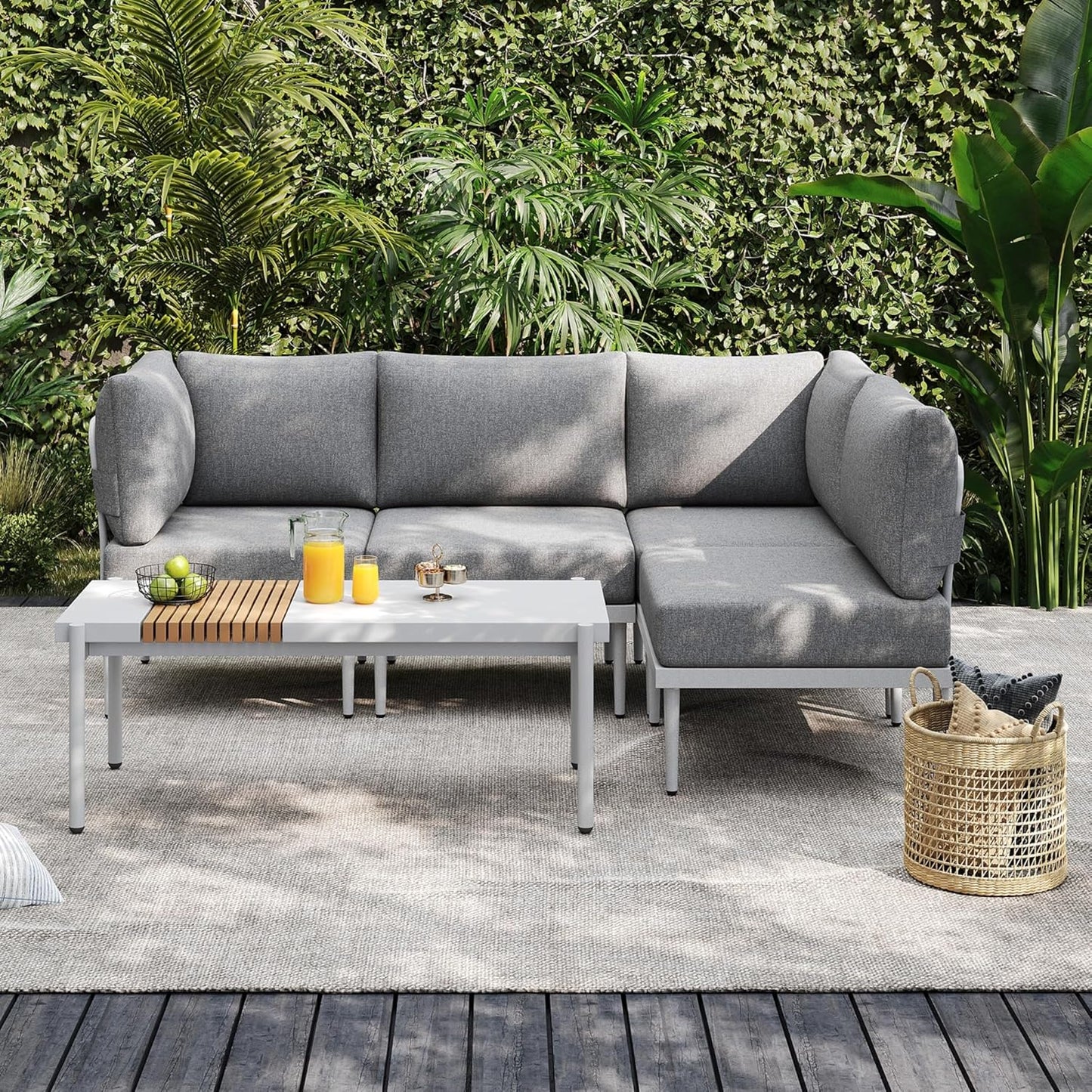 Sundale Outdoor 5 Pieces Metal Patio Furniture Set, Outdoor Sectional Sofa w/6 Inch Olefin Cushion and Coffee Table, Modern Outdoor Conversation Sets