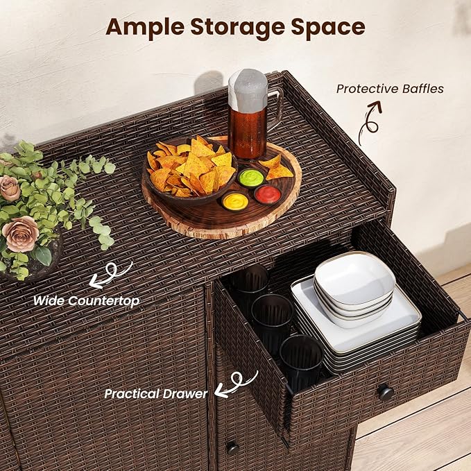 Tangkula Rattan Outdoor Storage Cabinet, Patiojoy Outdoor Cabinet with 4 Adjustable Shelves, 1 Drawer, 3 Doors, Patio Storage Deck Box Table for Patio Garden Poolside (Mix Brown)