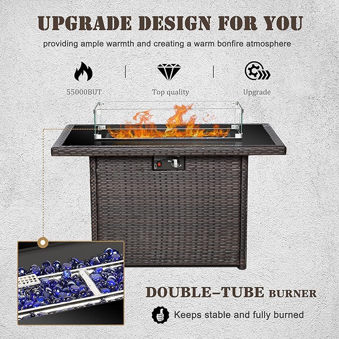 Propane Fire Pit Table,44 Inch 55000 BTU Outdoor Gas Fire Pit Rectangular with Glass Wind Guard for Outside Patio Deck (Brown-Glass Top)