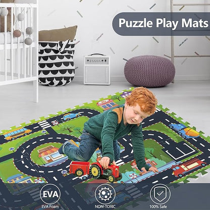 Foam Play Mat for Baby, Interlocking Foam Tiles, City Road Track Puzzle Mat 12 Pieces