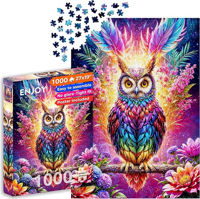 Magical Owl in Floral Fantasy Illustration – 1000 Pieces Jigsaw Puzzle for Adults – Matte Finish, Soft Touch, Easy to Assemble, Tight Fit, Vivid Colors, Missing Pieces Service