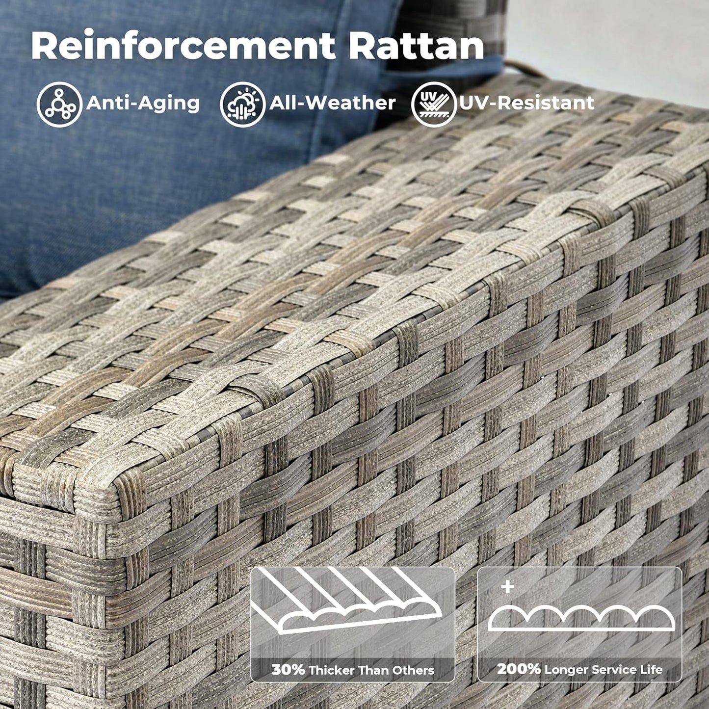 ovios 7 Pieces Patio Furniture Set, Outdoor Wicker Sectional Sofa with 30 Inch Fire Pit Table Comfy Cushions, Modern Modular Deep Seat Rattan Couch Conversation Set, Denim Blue