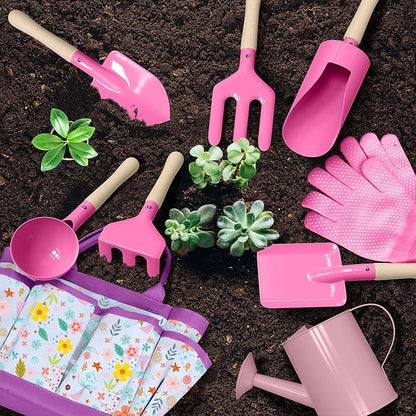 Kids Gardening Set 14Pcs Gardening Tools for Kids with Tote Bag,Watering Can, Shovel, Apron, Garden Book and More Educational STEM Learning Outdoor for Toddlers Boys Girls (Mermaid Rose Red)