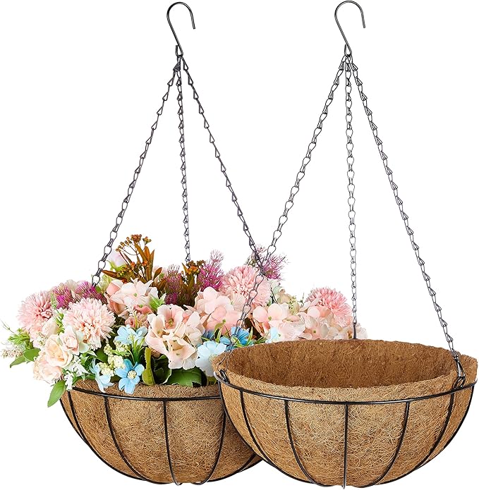 ZeeDix 2 Pack 14 Inch Metal Round Hanging Planter Basket with Coconut Liners Replacement, Hanging planters Baskets with Natural Coco Liner for Outdoor Indoor Planters Flowers Vegetables
