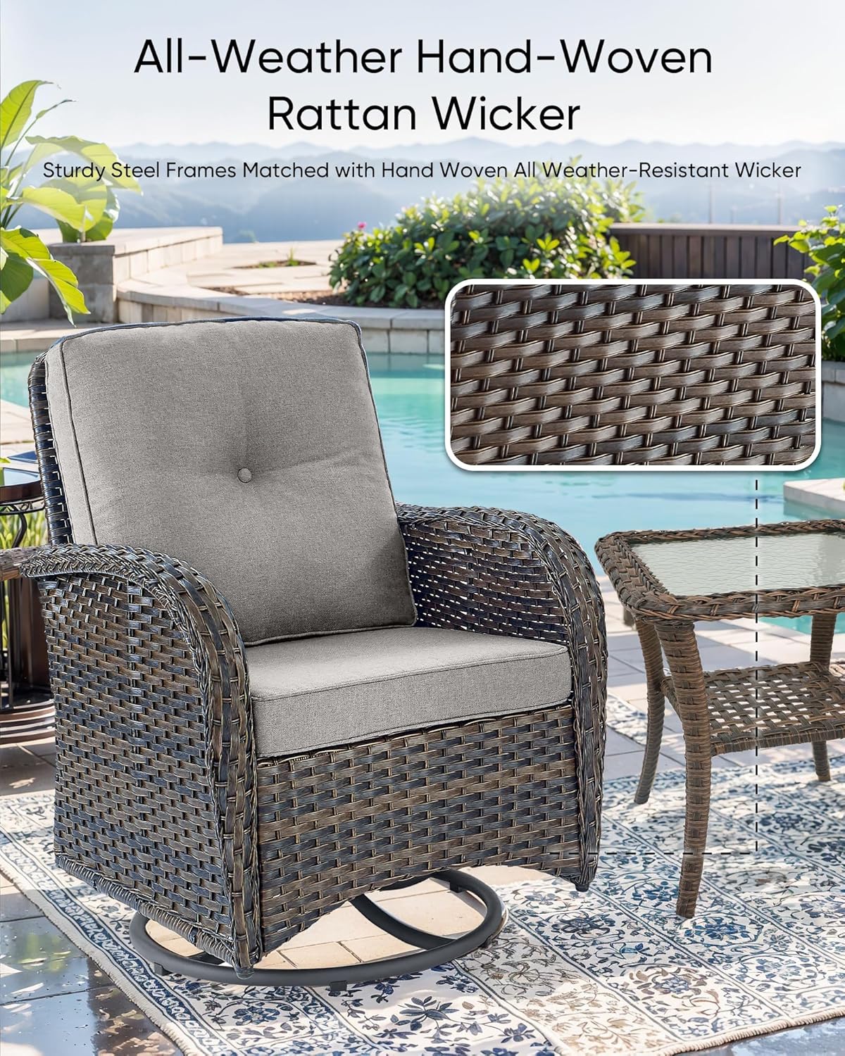 HUMMUH Outdoor Swivel Chairs,3 Pieces Patio Furniture Set with 360 Degree Wicker Swivel Rocking Chairs and Side Table for Garden,Porch,Backyard (Brown/Beige)