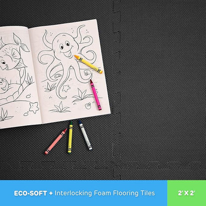 Flooring Inc's 1/2" Soft Non-Toxic Baby Play Mat, Toddler Playmat, Colorful Puzzle PlayMat, Floor Mats for Kids & Babies, EVA Foam Interlocking Tiles for Nursery & Playroom | Black, 12 Tiles, 48 Sq/Ft