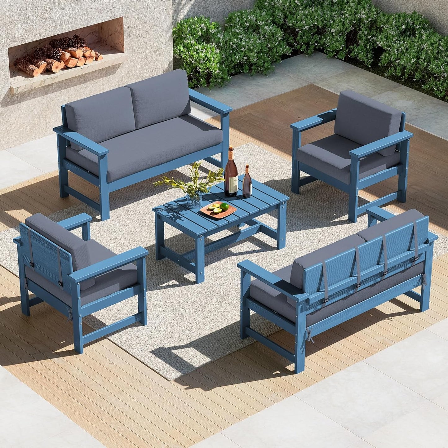 SERWALL 5 Pieces HDPE Outdoor Sofa Set with Cushions, All Weather Couch Conversation Set, Loveseat Social Furniture Chairs with Coffee Table, Blue Frame with Grey Cushions