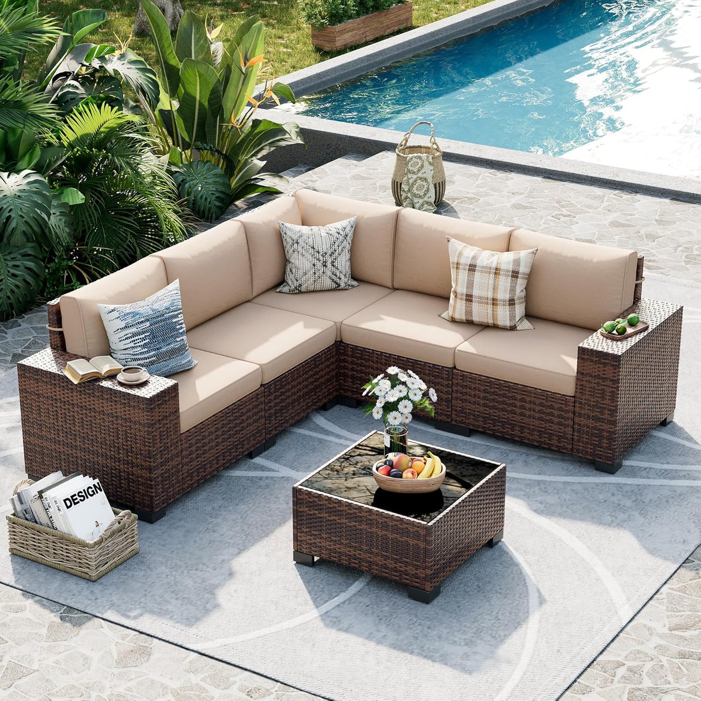 UDPATIO Patio Furniture Set, 8 Inch Armrest Patio Sectional Furniture, 6 Piece Wicker Outdoor Sectional Conversation Sets with Waterproof Cover and Coffee Table for Backyard Deck(Brown/Khaki)