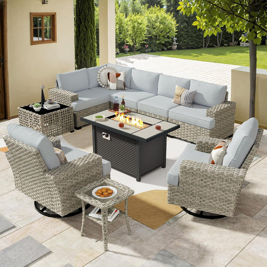 HOOOWOOO Outdoor Sectional Patio Furniture Set with Fire Pit Table,10 Pieces Wicker Conversation Sets L Shaped Couch,Extra Deep Out Door Sofa Outside Furniture with Swivel Chairs,Light Gray