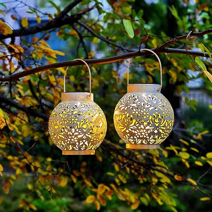 Set of 2 Outdoor Solar Hanging Lantern Lights Metal LED Decorative Lamp for Garden Patio Courtyard Lawn and Table with Hollowed-Out Design (White)