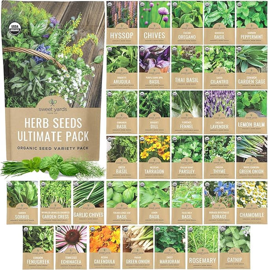 Organic Herb Seeds Variety Pack - 35 Individual Packs - 2025 Season - Basil, Cilantro, Dill, Thyme, Parsley and More! for Indoor & Outdoor Planting (Non-GMO, Certified Organic)